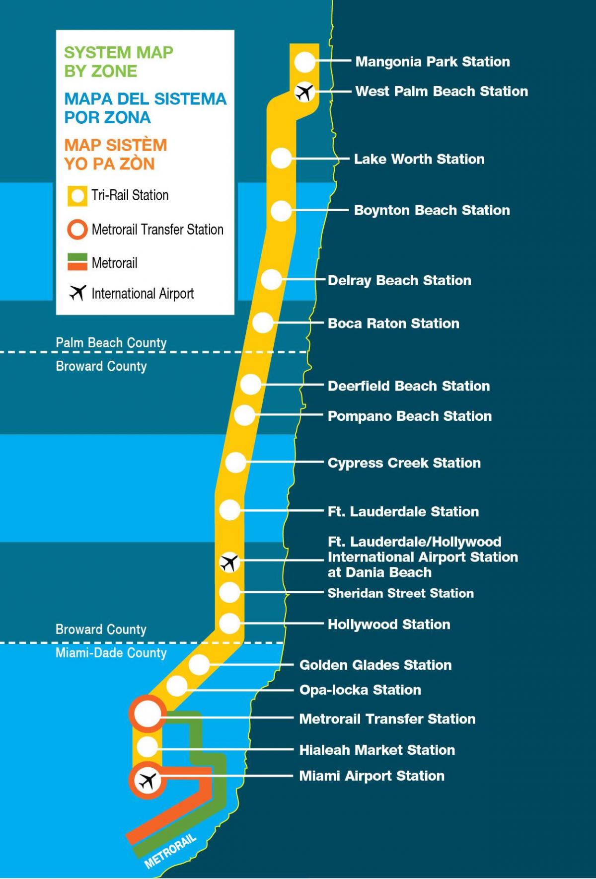 Miami trzy kolejowych mapie